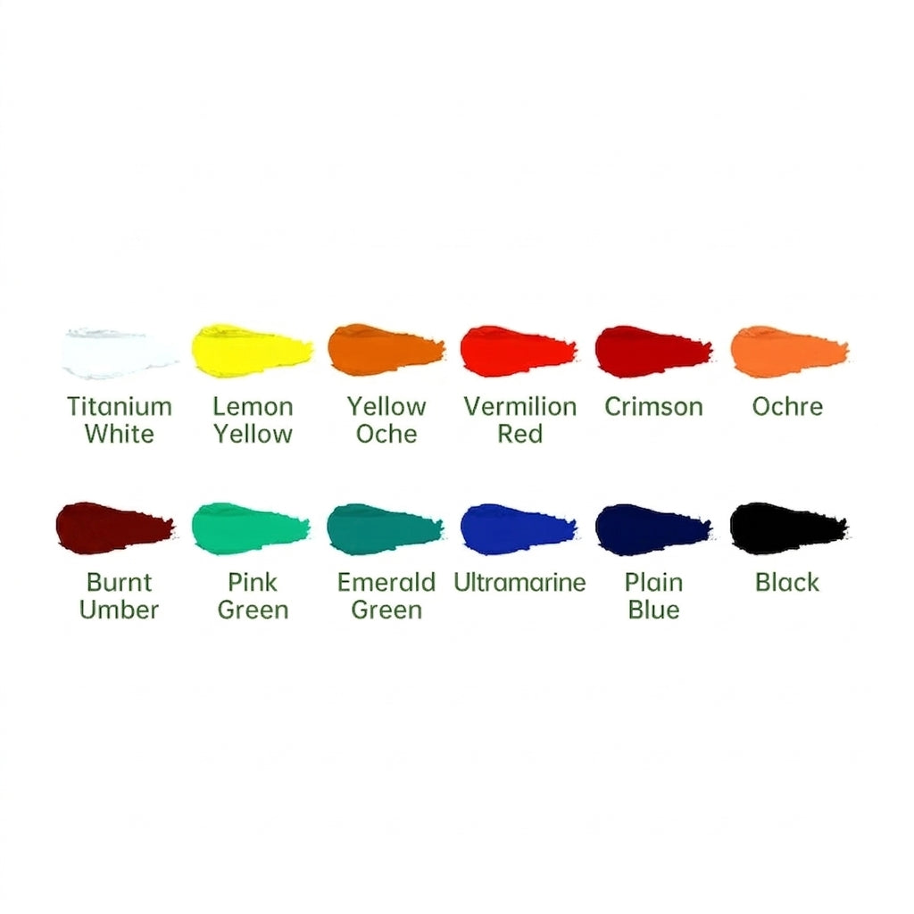 A color chart showing 12 paint swatches with their names underneath on a white background. The colors include Titanium White, Lemon Yellow, Yellow Oche, Vermilion Red, Crimson, Ochre, Burnt Umber, Pink Green, Emerald Green, Ultramarine, Plain Blue, and Black.