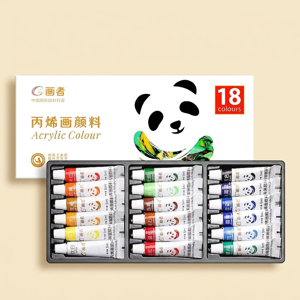 18-color acrylic paint set, tubes arranged in three rows in a metal tray, in front of its panda-branded packaging box
