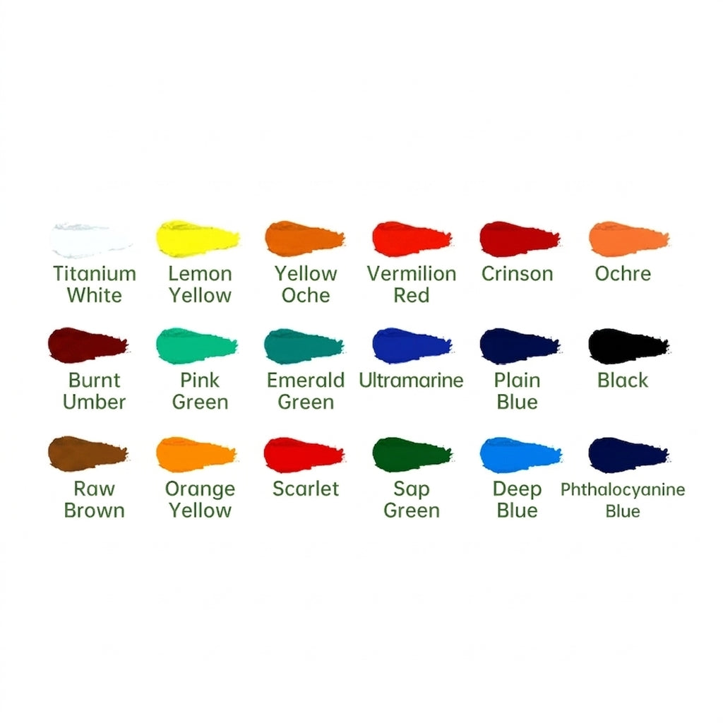 A color chart showing 24 paint or ink swatches arranged in a grid on a white background, each labeled with its name such as Titanium White, Lemon Yellow, Vermilion Red, Black, and Deep Blue.