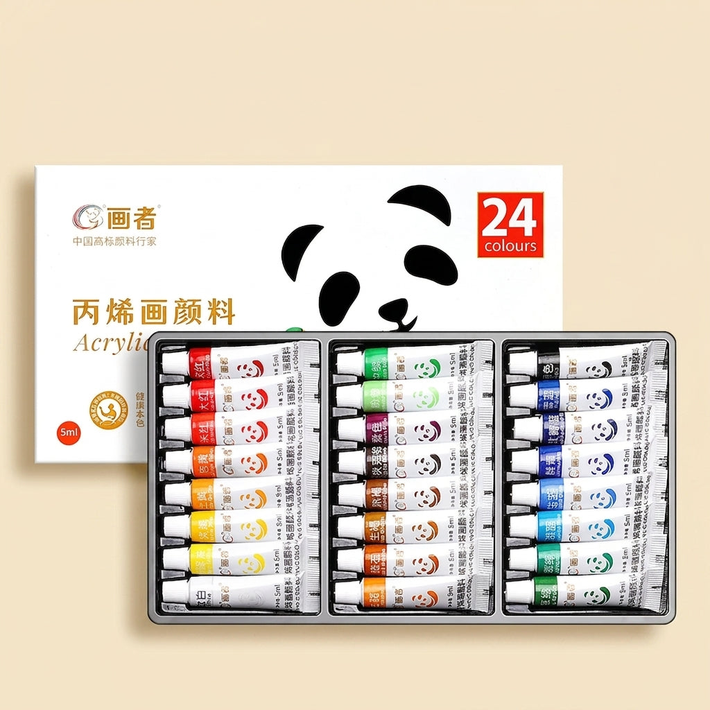 24-color acrylic paint set, tubes arranged in three rows in a metal tray, in front of its panda-branded packaging box
