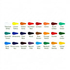 A color chart showing 30 paint swatches with their names underneath, including Titanium White, Lemon Yellow, Yellow Oche, Vermilion Red, Crimson, Ochre, Burnt Umber, Pink Green, Emerald Green, Ultramarine, Plain Blue, Black, Raw Brown, Orange Yellow, Scarlet, Sap Green, Deep Blue, Pthalocyanine Blue, Vandyke Brown, Mauve Pale, Lake Blue, Medium Green, Raw Sienna, and Yellow Pale, arranged in a grid on a white background.