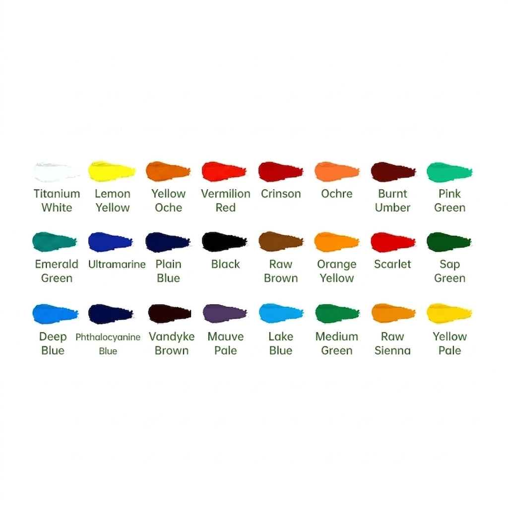 A color chart showing 30 paint swatches with their names underneath, including Titanium White, Lemon Yellow, Yellow Oche, Vermilion Red, Crimson, Ochre, Burnt Umber, Pink Green, Emerald Green, Ultramarine, Plain Blue, Black, Raw Brown, Orange Yellow, Scarlet, Sap Green, Deep Blue, Pthalocyanine Blue, Vandyke Brown, Mauve Pale, Lake Blue, Medium Green, Raw Sienna, and Yellow Pale, arranged in a grid on a white background.