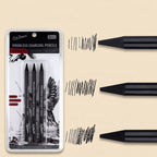 Three Xin Bowen woodless charcoal pencils with sample scribbled strokes, alongside their retail blister packaging
