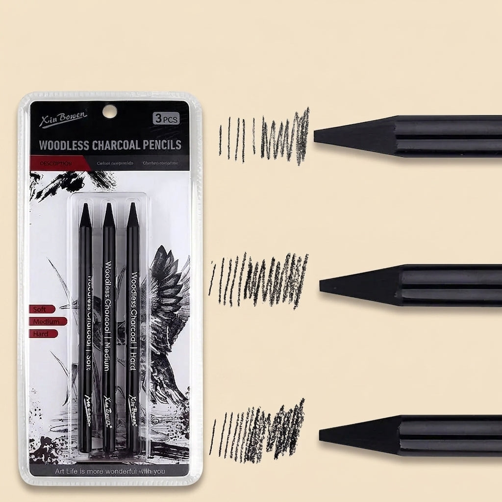 Three Xin Bowen woodless charcoal pencils with sample scribbled strokes, alongside their retail blister packaging
