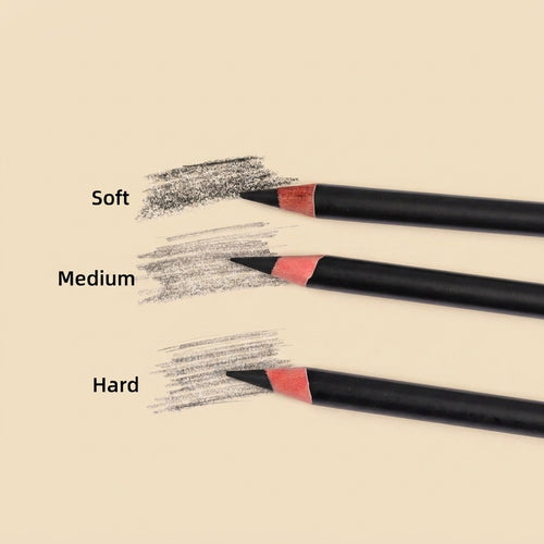 Charcoal pencil stroke samples showing Soft, Medium, and Hard grades