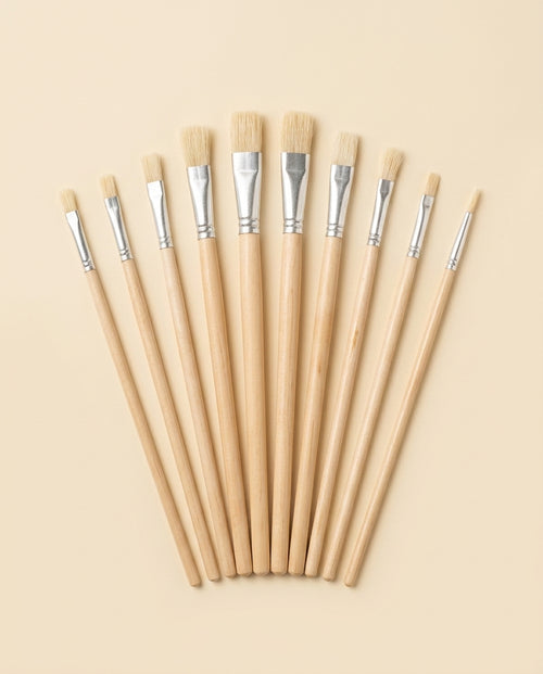 12-piece bristle paint brush set fanned out, bristle tips pointing up
