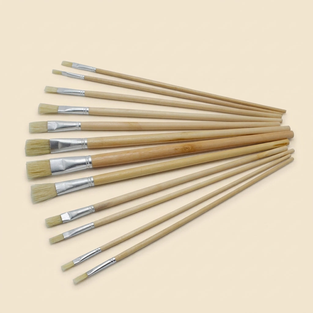 12-piece bristle paint brush set fanned out with wooden handles visible
