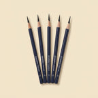 Five dark blue graphite pencils with black tips and natural wood barrels, arranged in a fan shape on a light beige background. The pencils are labeled 'Spidelfabel Charcoal 02'.