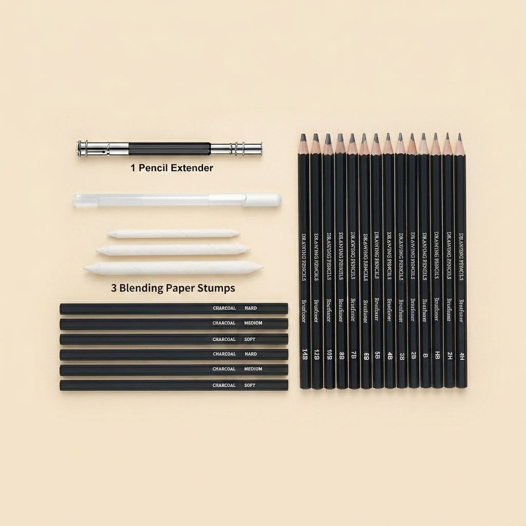 A flat-lay arrangement of an art supply set on a warm beige background, including a 12-pack of black graphite pencils with white text, a black and silver pencil extender, three white blending stumps, and a row of black pencil grips showing color options.