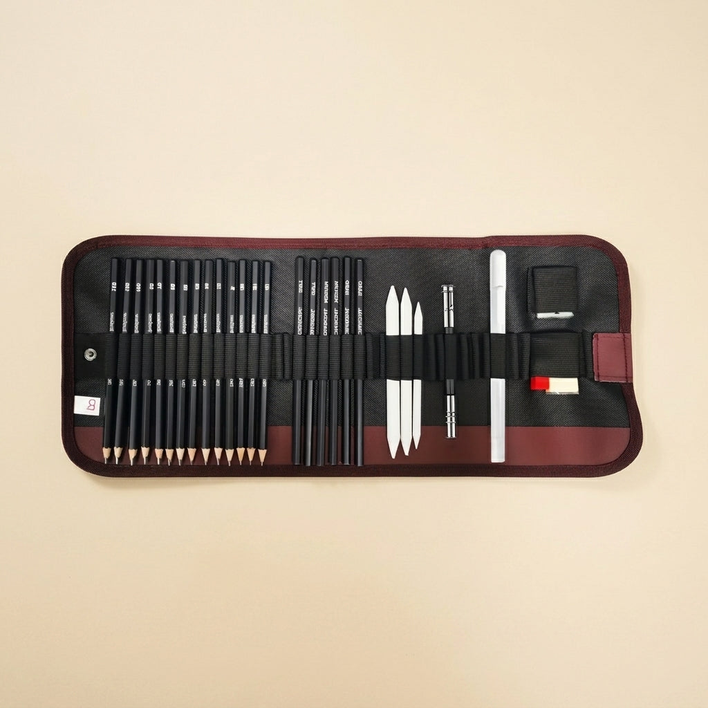 A black and burgundy canvas art supply roll-up organizer, shown open on a light beige background. Inside, it holds multiple black pencils, white and silver drawing tools, and small accessories.