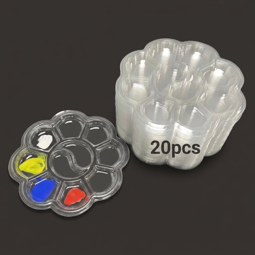 A stack of 20 clear plastic flower-shaped cup holders with one cup holder shown open and filled with small paint wells in yellow, blue, red, and white, on a dark gray background.