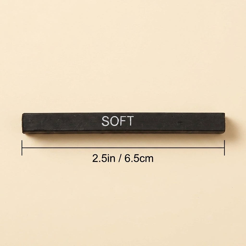 A black rectangular bar labeled 'SOFT' with dimension lines and text indicating a length of 2.5in / 6.