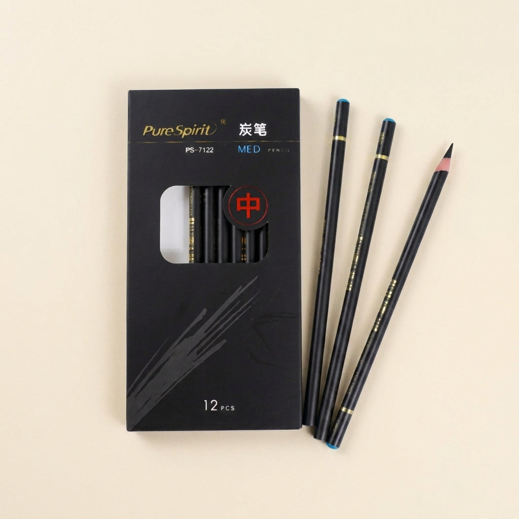Pure Spirit 12-piece charcoal pencil box with three pencils fanned beside it