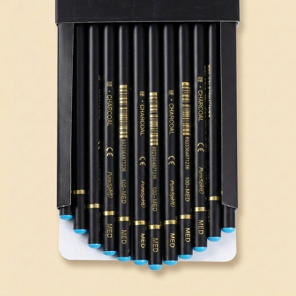 12 Medium-grade charcoal pencils fanned out in open box