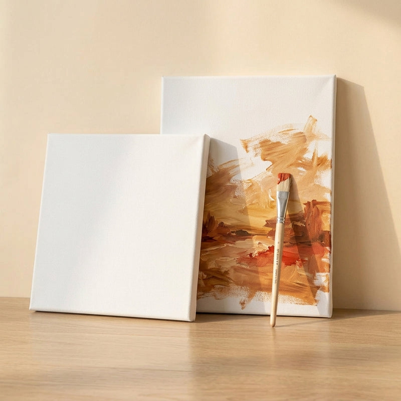 Two blank white canvas art prints leaning on a light wood surface against a warm beige wall, with an abstract orange-brown painted canvas standing behind and a paintbrush resting in front.