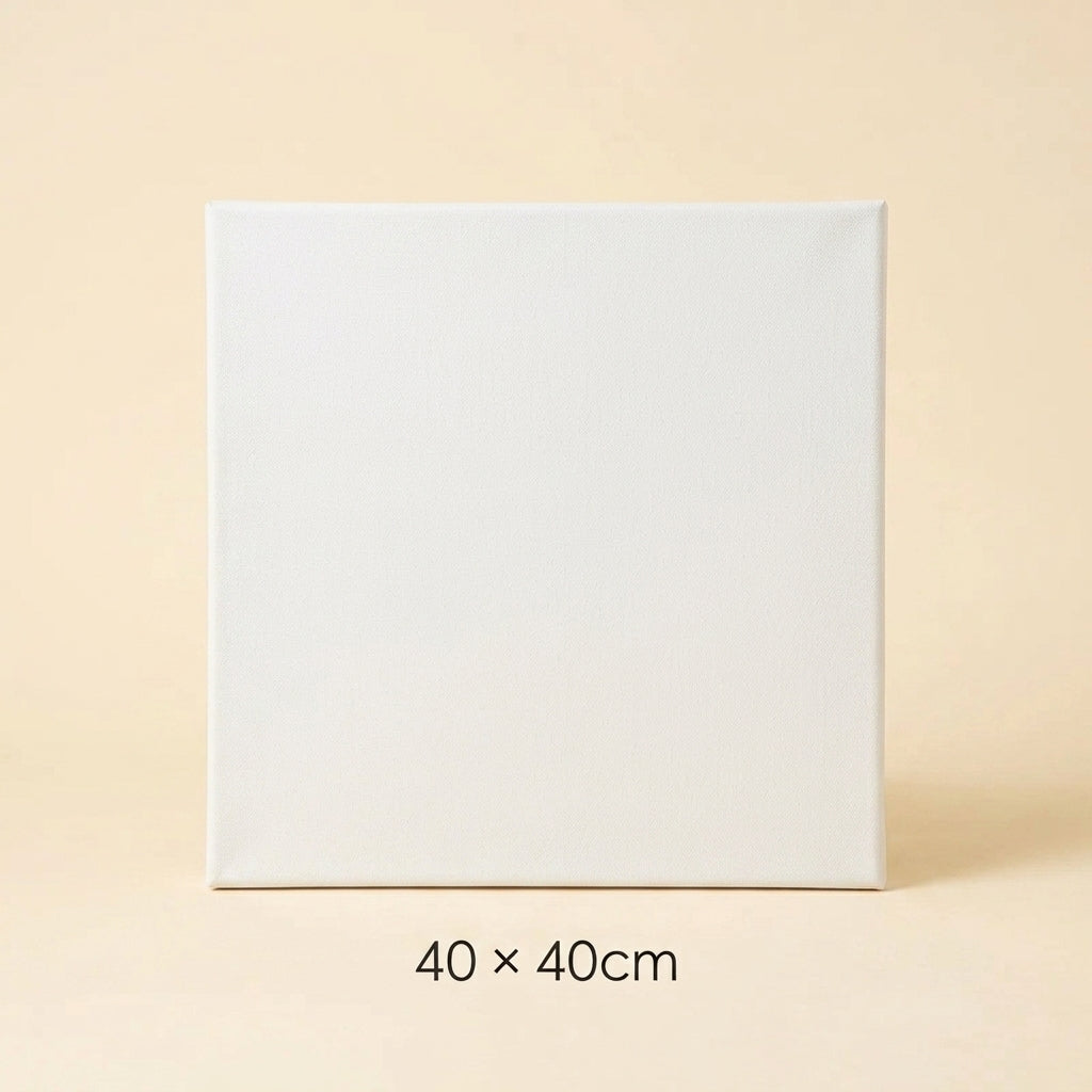 A plain white square canvas or panel standing upright against a warm beige background, with the text '40 x 40cm' below it indicating size.