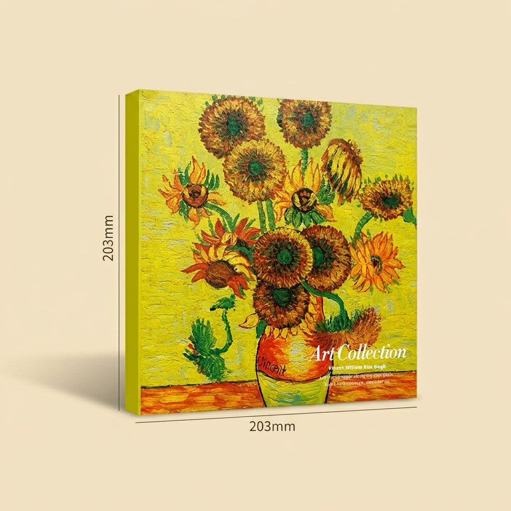 A square canvas art print featuring a vibrant yellow sunflower painting, shown at an angle with dimension markings of 203mm on the left and bottom against a light beige background.