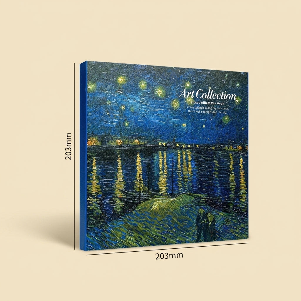A square art print or canvas shown at an angle on a beige background, featuring a blue-toned impressionistic night scene with stars, water reflections, and small city lights. White text on the artwork reads 'Art Collection.