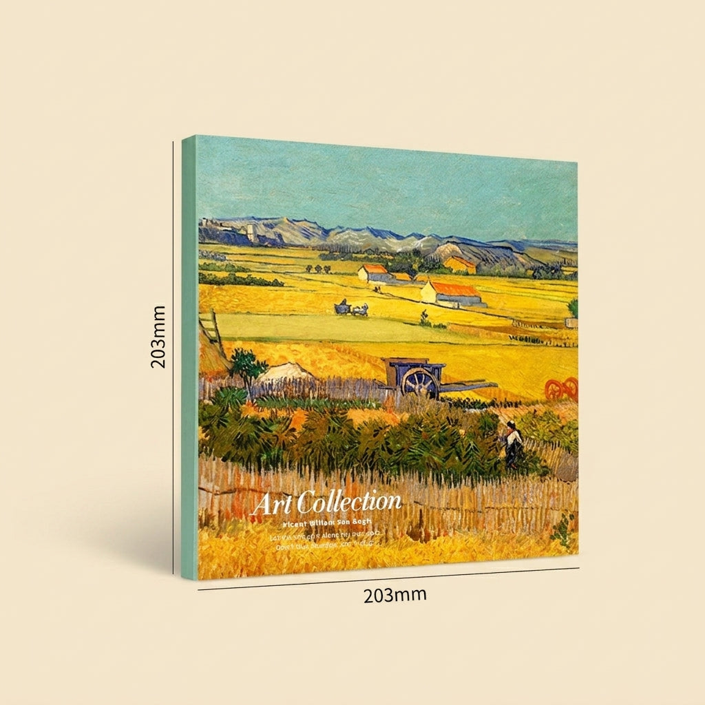 A square art print or book-style cover shown at an angle on a light beige background, with printed dimensions 203mm labeled on the left and bottom. The cover features a painted landscape in yellow fields, green trees, blue sky, and small farm buildings.