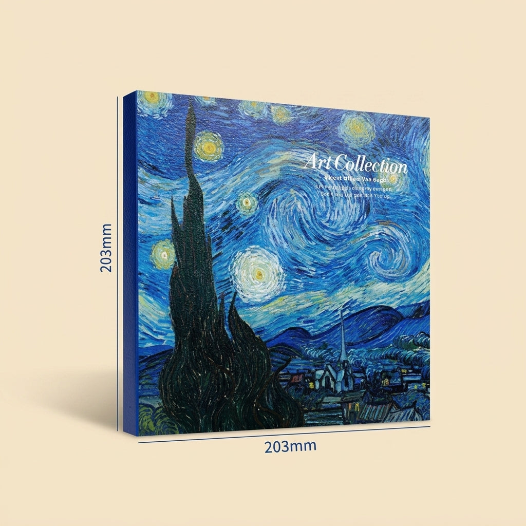 A hardcover art book or journal from the 'Art Collection' series, featuring Van Gogh's 'The Starry Night' artwork on the cover. The book is shown at an angle with dimension markings of 203mm on the left and bottom edges, set against a solid beige background.