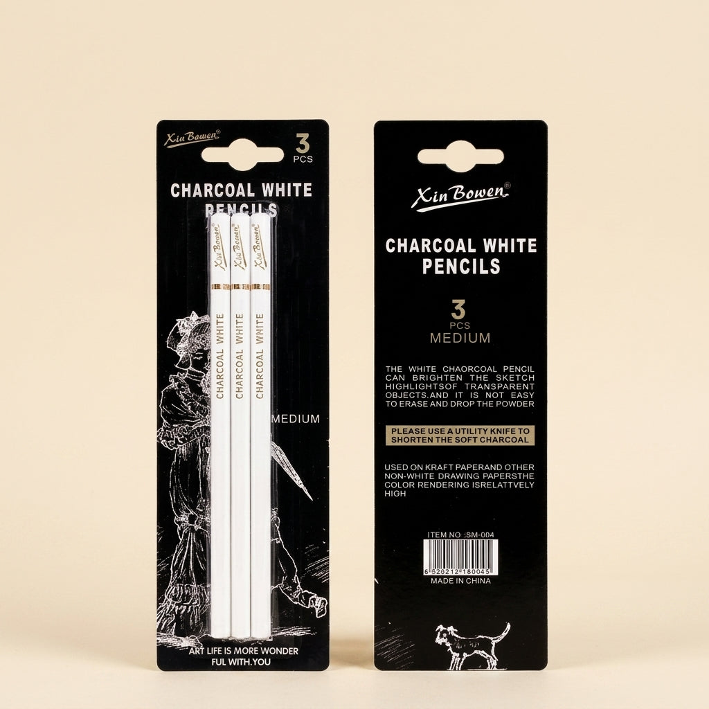 Front and back views of a 3-pack of Xin Bowen Charcoal White drawing pencils in their black retail packaging
