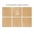 Six kraft paper cards in a 2x3 grid, two showing faint white line-art sketches, demonstrating kraft paper and black cardboard painting
