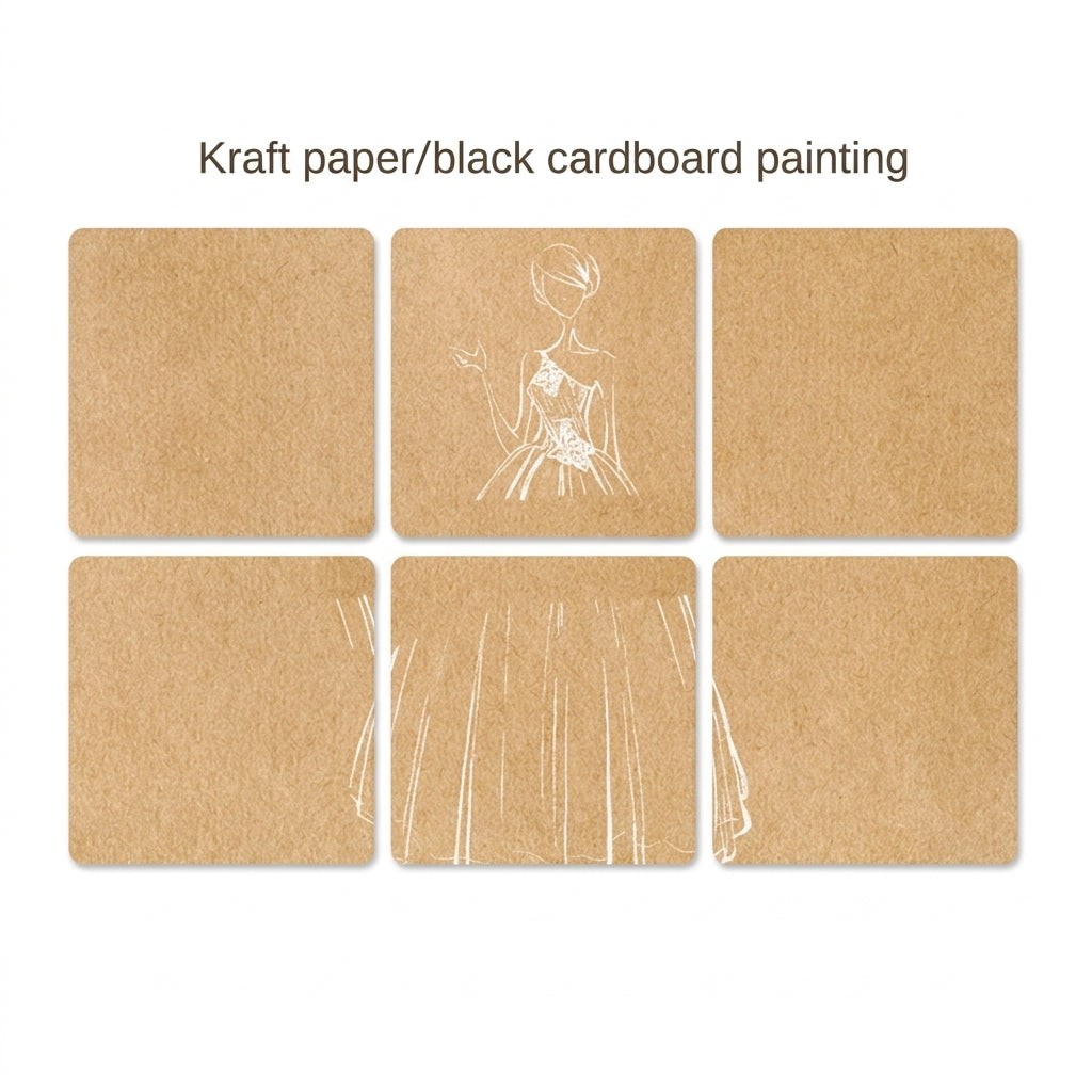 Six kraft paper cards in a 2x3 grid, two showing faint white line-art sketches, demonstrating kraft paper and black cardboard painting
